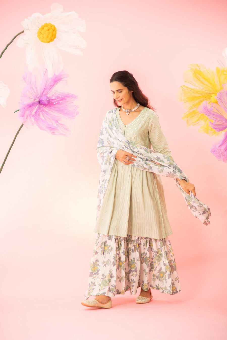 Pastel Green Cotton Kurta Sharara Dupatta Set