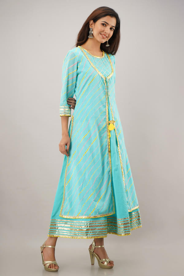 Firozi Cotton Lehriya  Gota Work Kalidaar Dress 