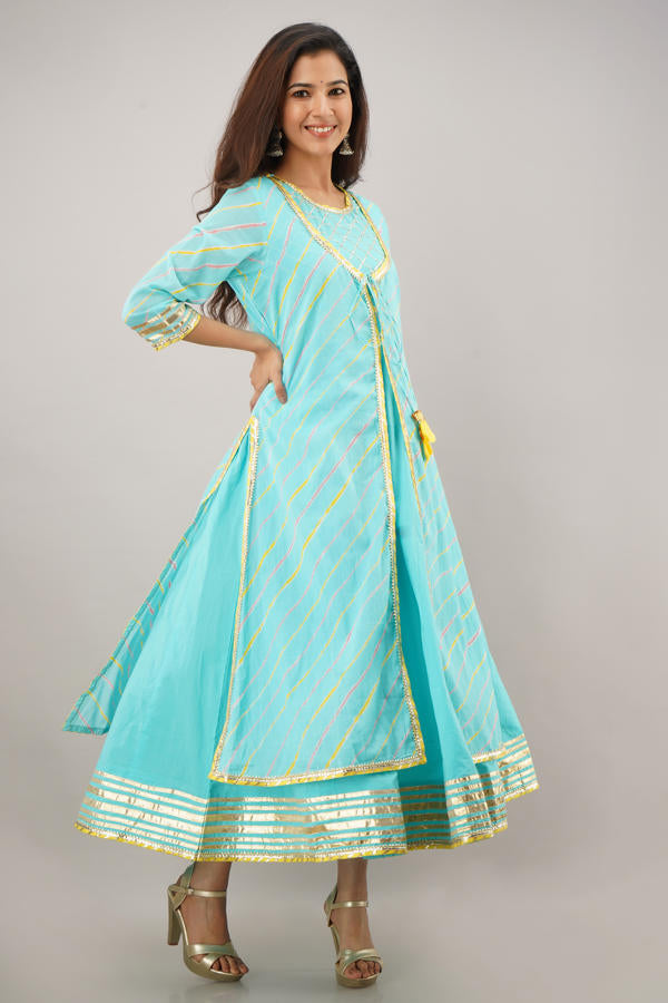 Firozi Cotton Lehriya  Gota  Kalidaar Dress 