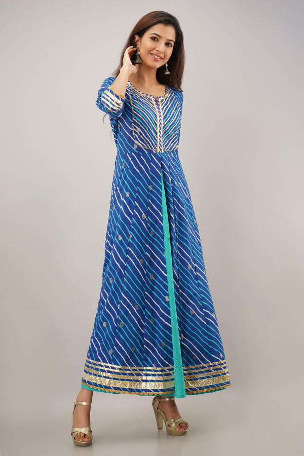 Blue Cotton Lehriya  Kalidaar Dress 