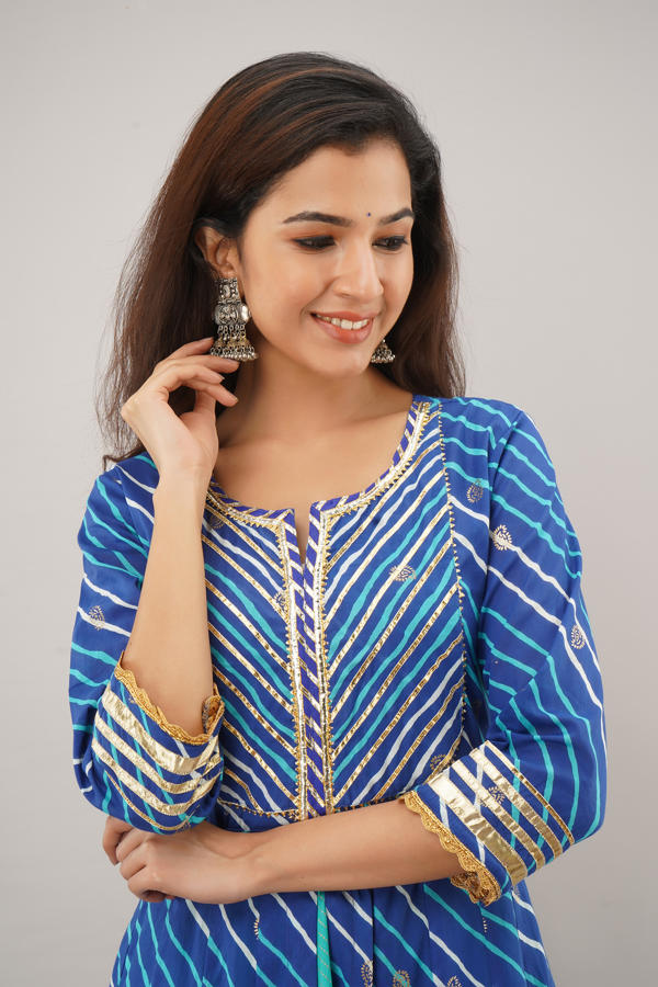 Blue Cotton Double Layered Lehriya   Kalidaar Dress 