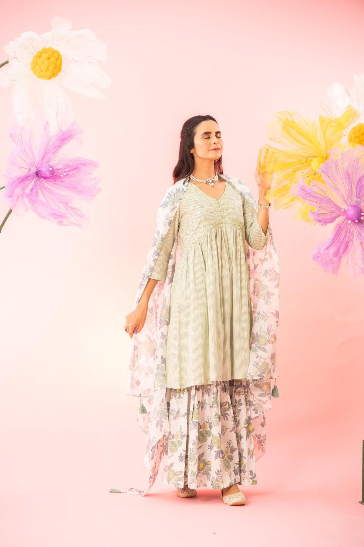 Pastel Green Cotton Kurta Sharara Dupatta Set