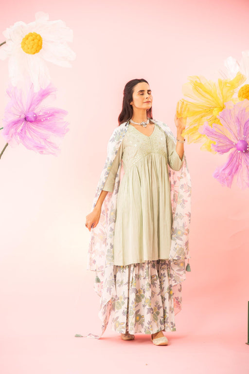Pastel Green Cotton Kurta Sharara Dupatta Set