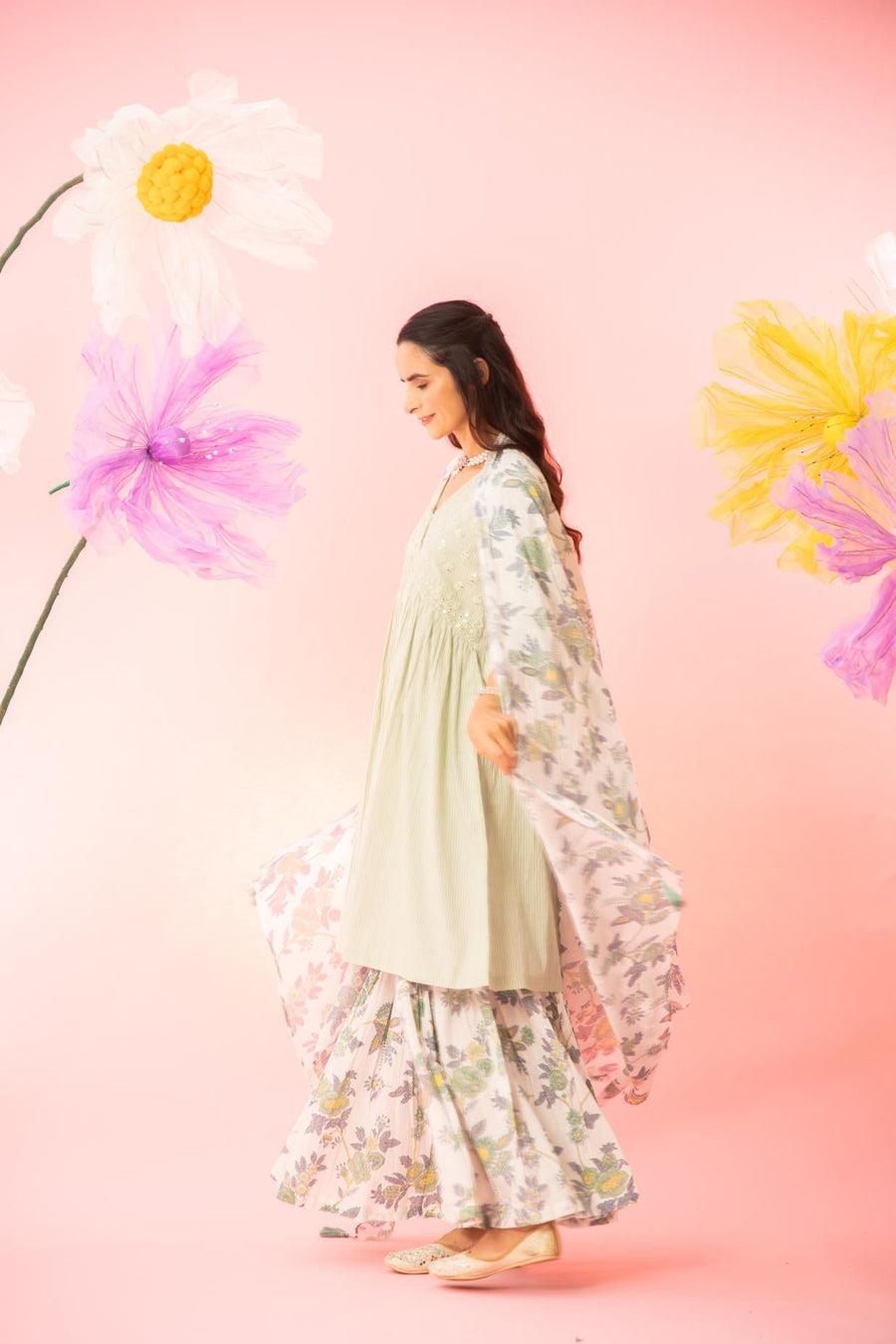 Pastel Green Cotton Kurta Sharara Dupatta Set