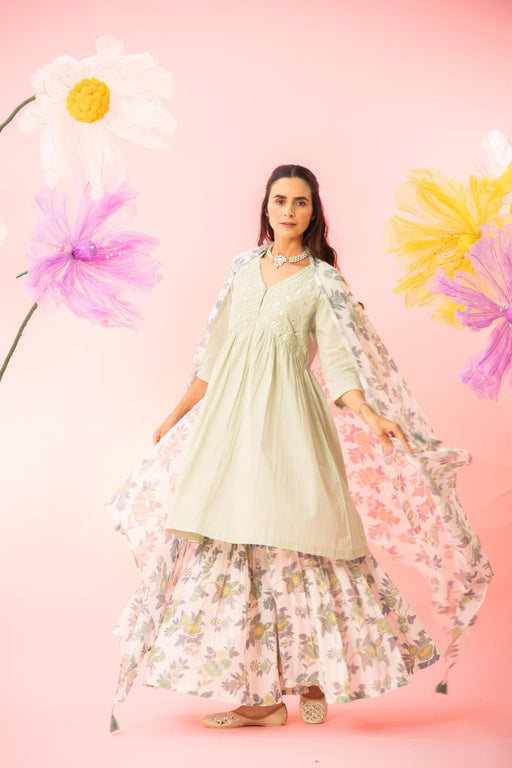 Pastel Green Cotton Kurta Sharara Dupatta Set
