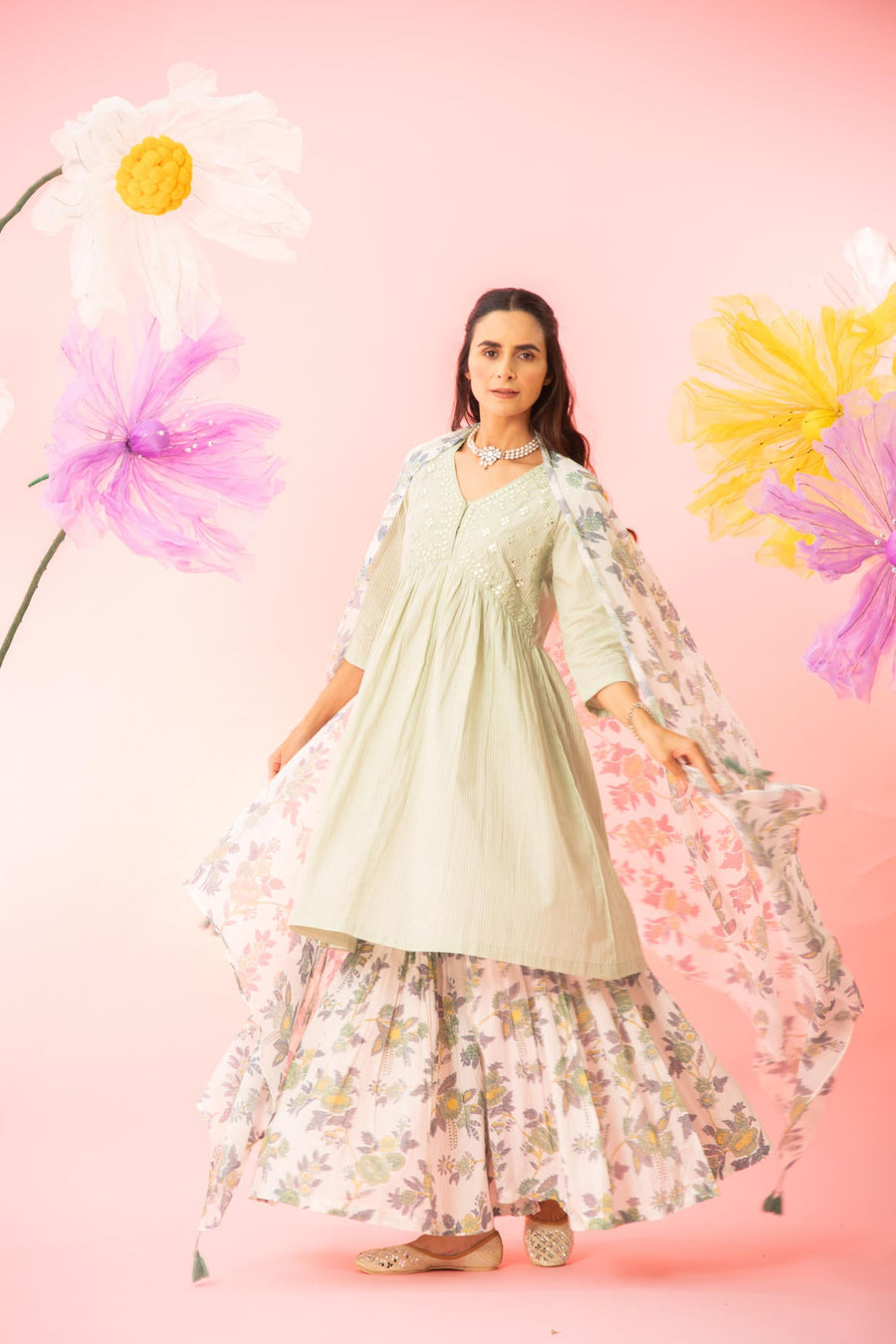 Pastel Green Cotton Kurta Sharara Dupatta Set