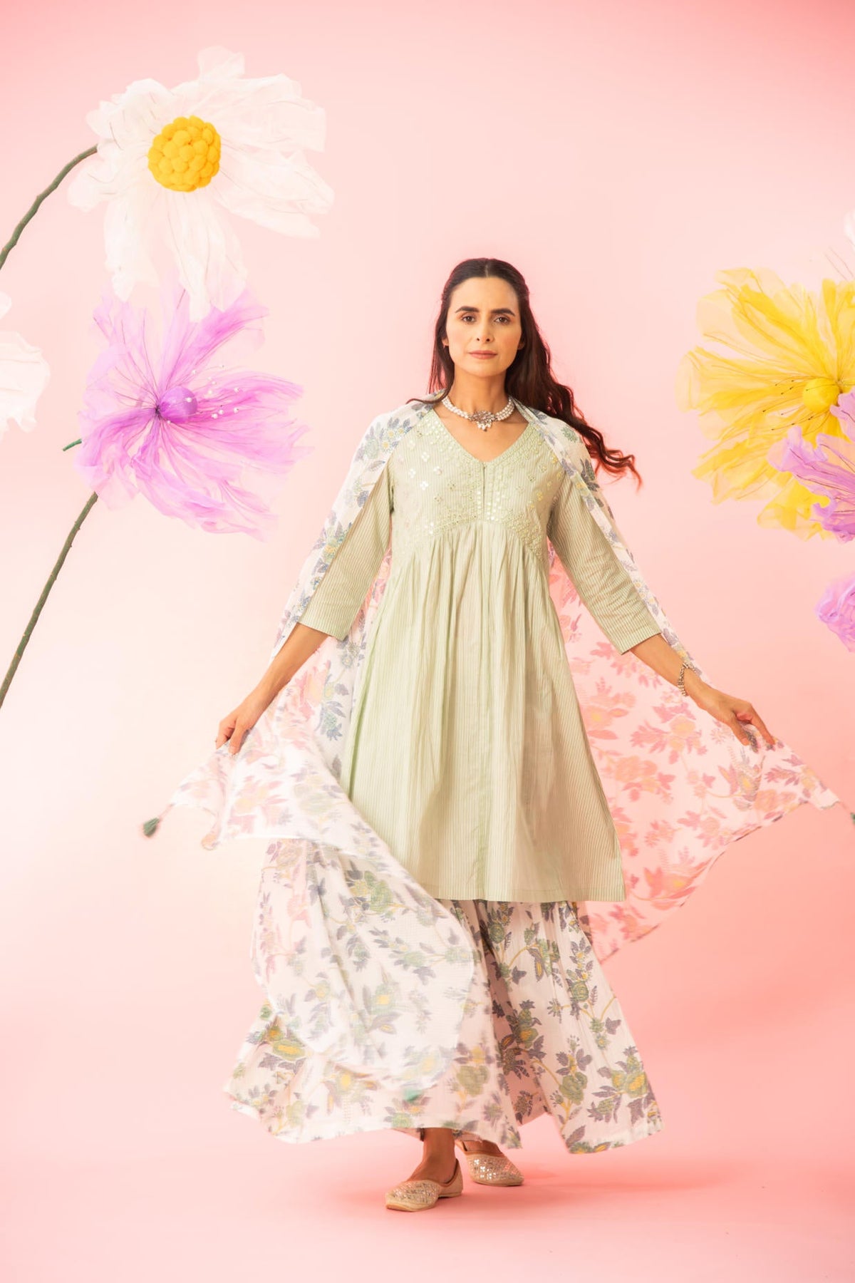 Pastel Green Cotton Kurta Sharara Dupatta Set