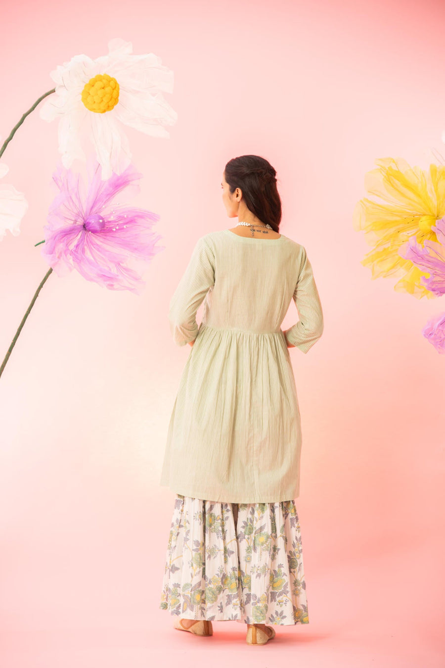 Pastel Green Cotton Kurta Sharara Dupatta Set