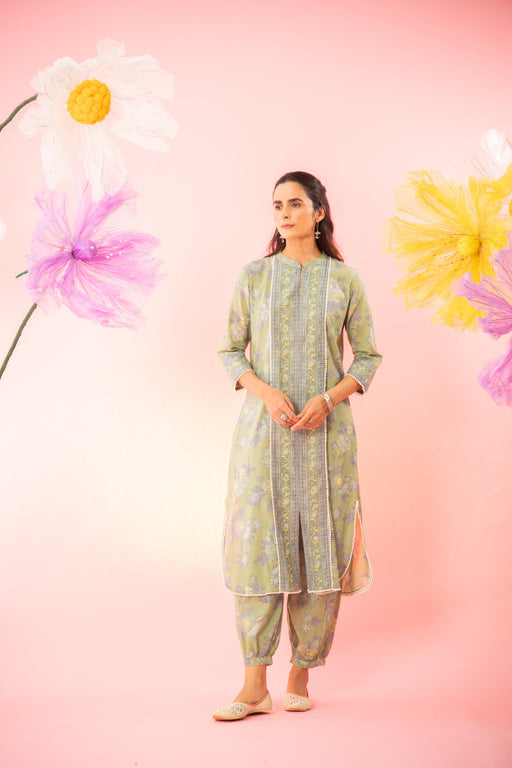 Green Floral Printed Kurta Afghani Salwar Co-Ord Set