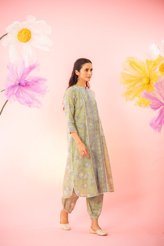 Green Floral Printed Kurta Afghani Salwar Co-Ord Set