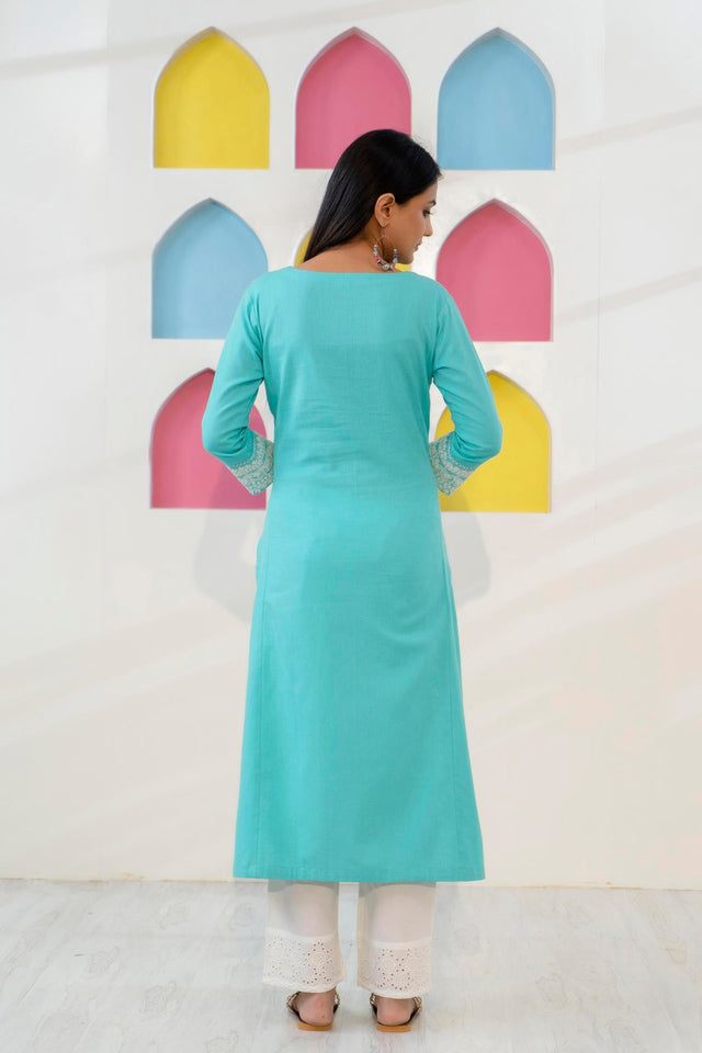 Sea Green Aari Embroidered Straight Kurta