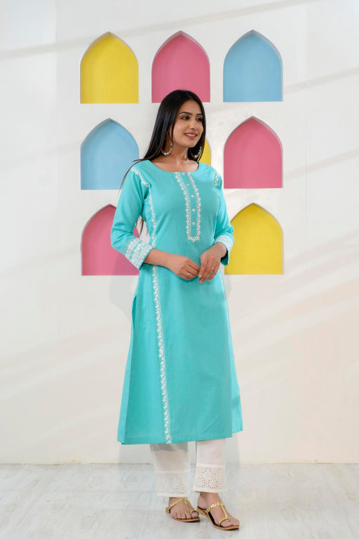 Sea Green Aari Embroidered Straight Kurta