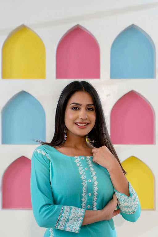 Sea Green Aari Embroidered Straight Kurta