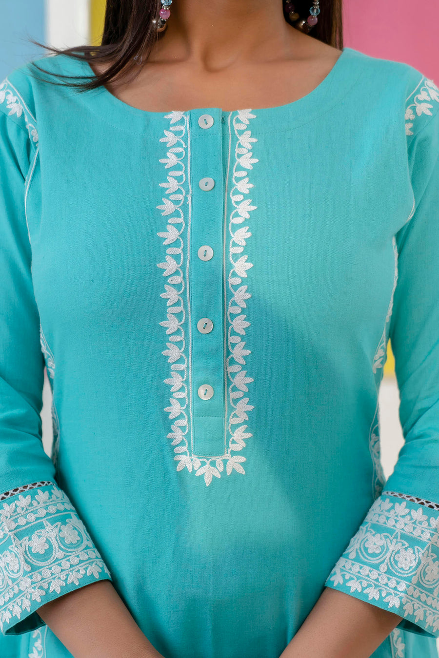 Sea Green Aari Embroidered Straight Kurta