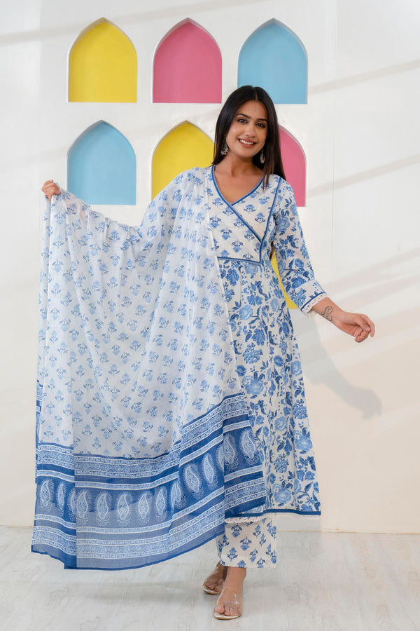 Blue and White Printed A-Line Kurta with Pant and Dupatta