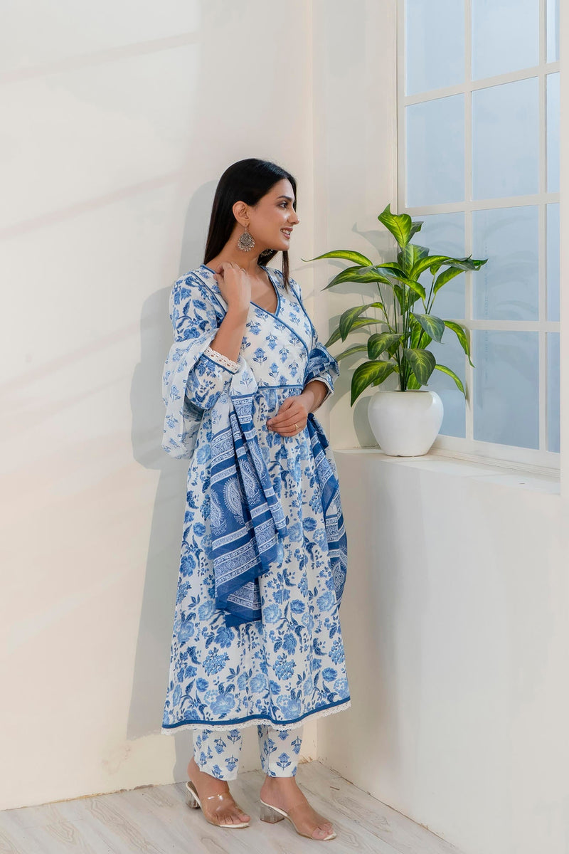 Blue and White Printed A-Line Kurta with Pant and Dupatta