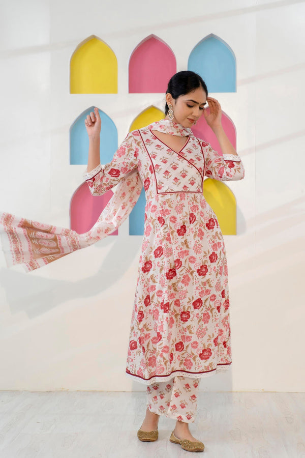 Red and White Printed A-Line Kurta with Pant and Dupatta