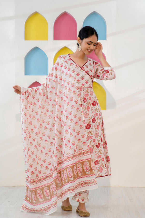 Red and White Printed A-Line Kurta with Pant and Dupatta
