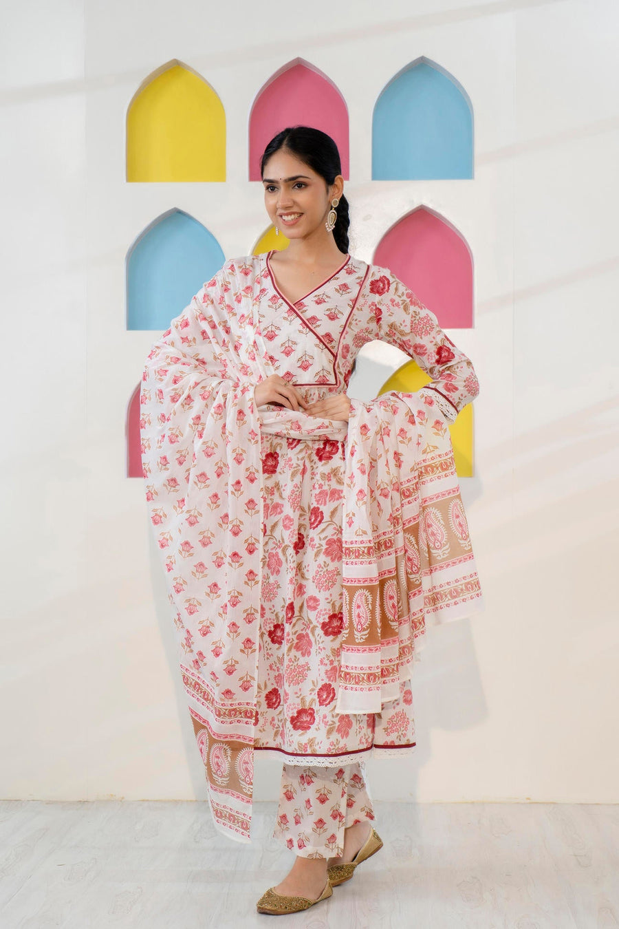 Red and White Printed A-Line Kurta with Pant and Dupatta