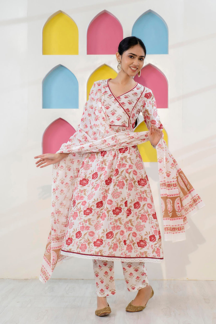 Red and White Printed A-Line Kurta with Pant and Dupatta