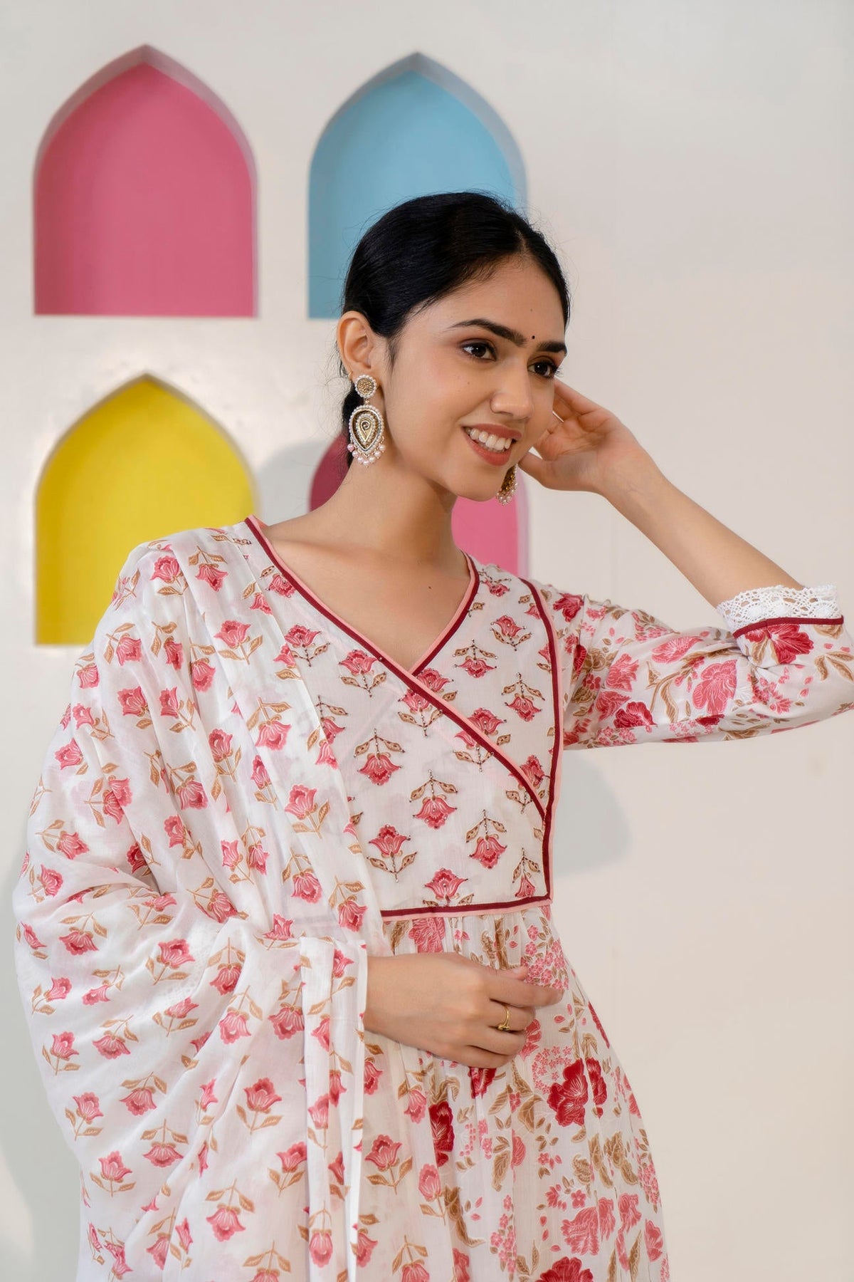 Red and White Printed A-Line Kurta with Pant and Dupatta
