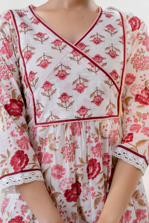 Red and White Printed A-Line Kurta with Pant and Dupatta