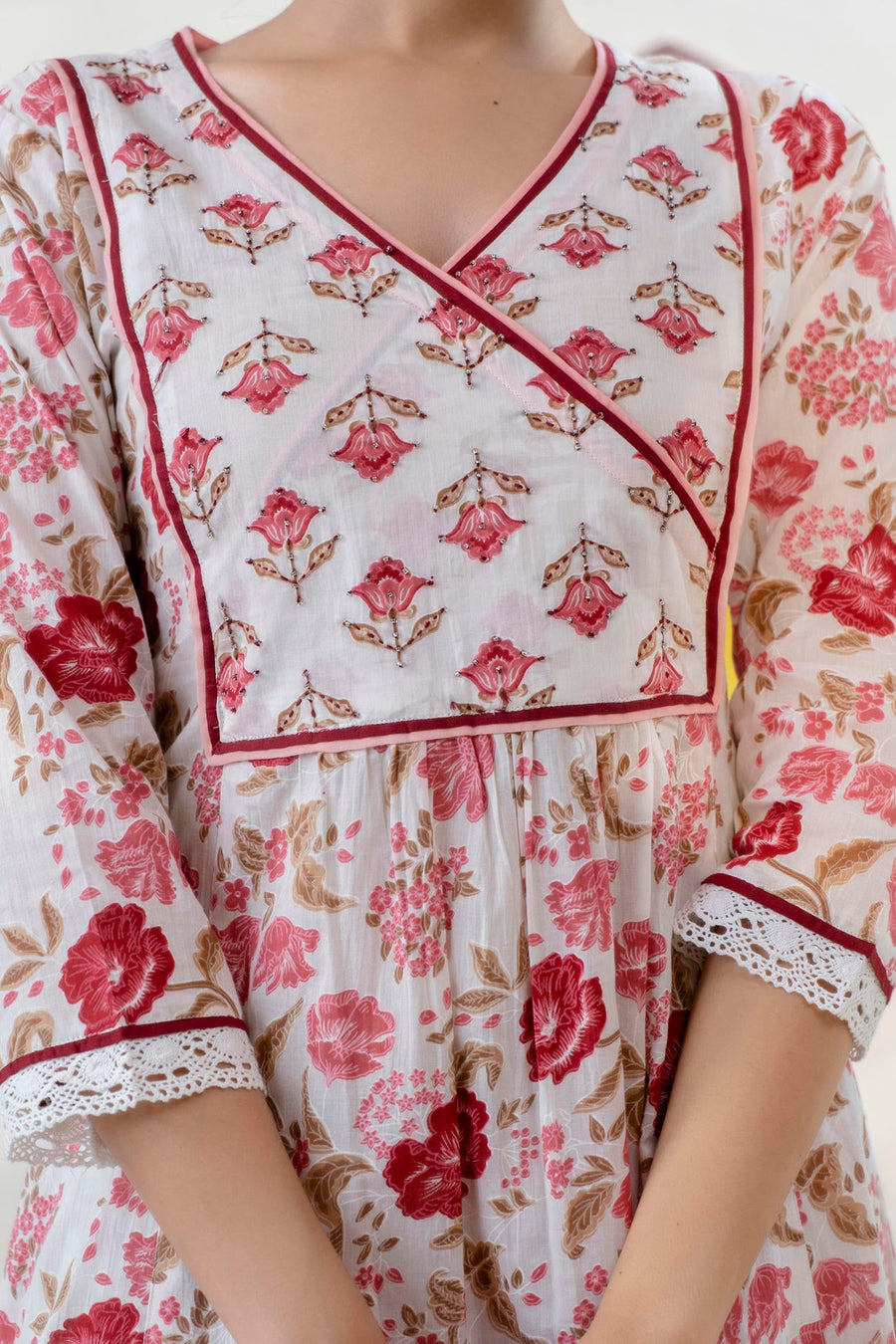 Red and White Printed A-Line Kurta with Pant and Dupatta