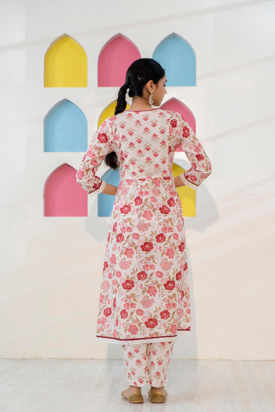 Red and White Printed A-Line Kurta with Pant and Dupatta