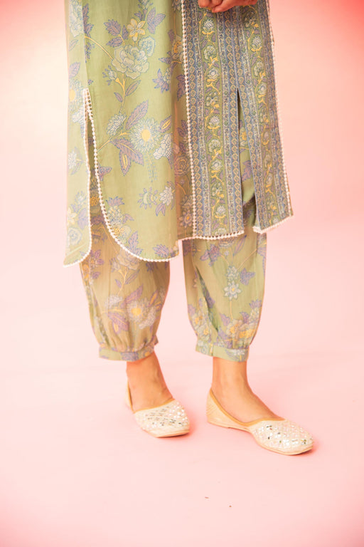 Green Floral Printed Kurta Afghani Salwar Co-Ord Set