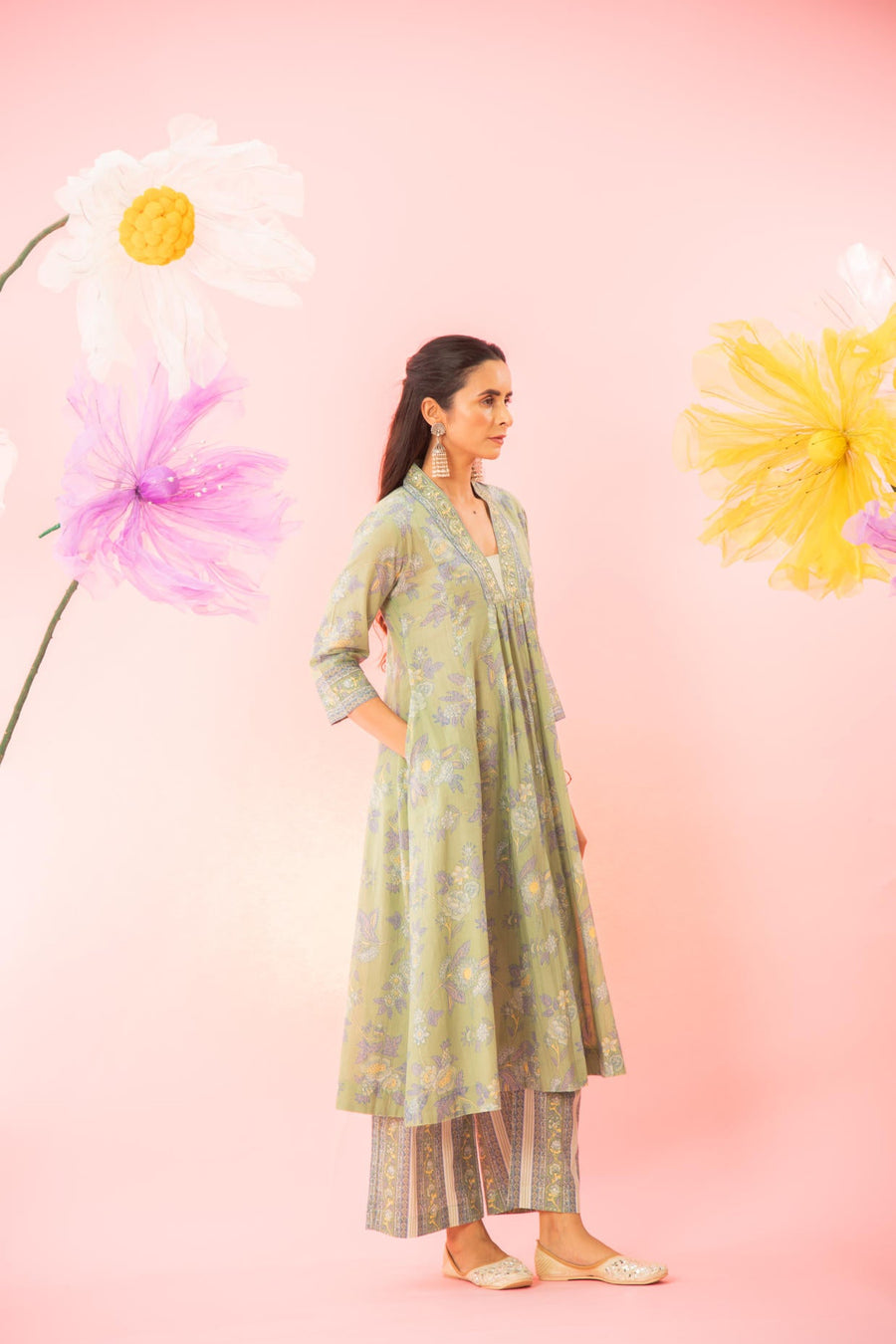 Green Floral Printed A-line Gathered Kurta Pant Set