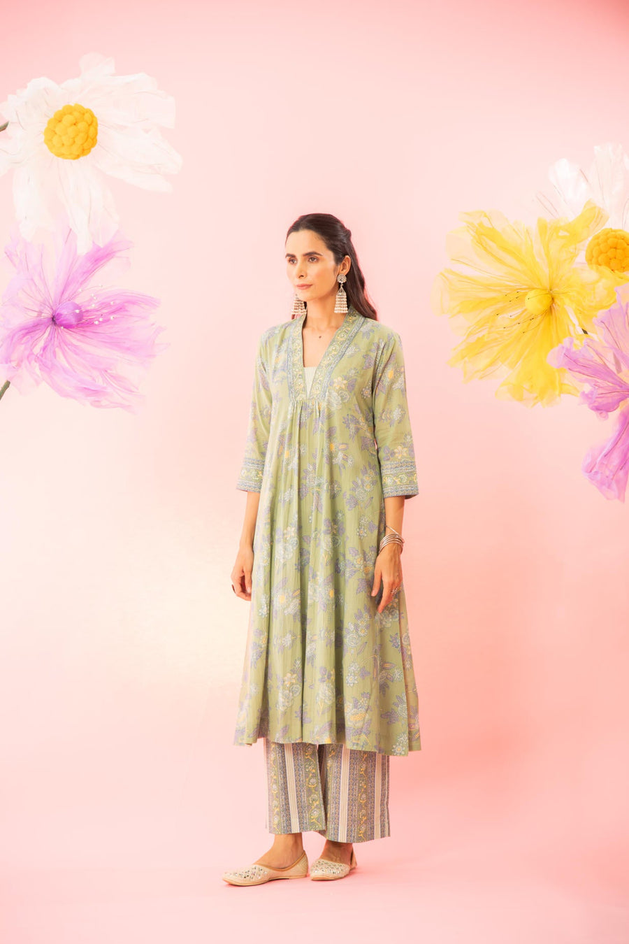 Green Floral Printed A-line Gathered Kurta Pant Set