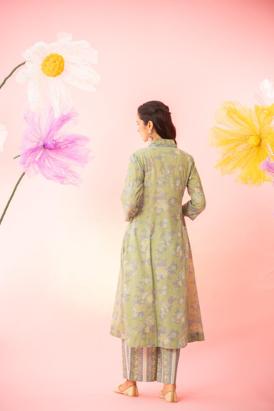 Green Floral Printed A-line Gathered Kurta Pant Set
