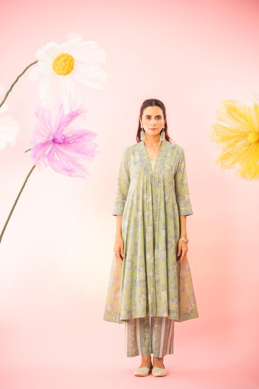 Green Floral Printed A-line Gathered Kurta Pant Set