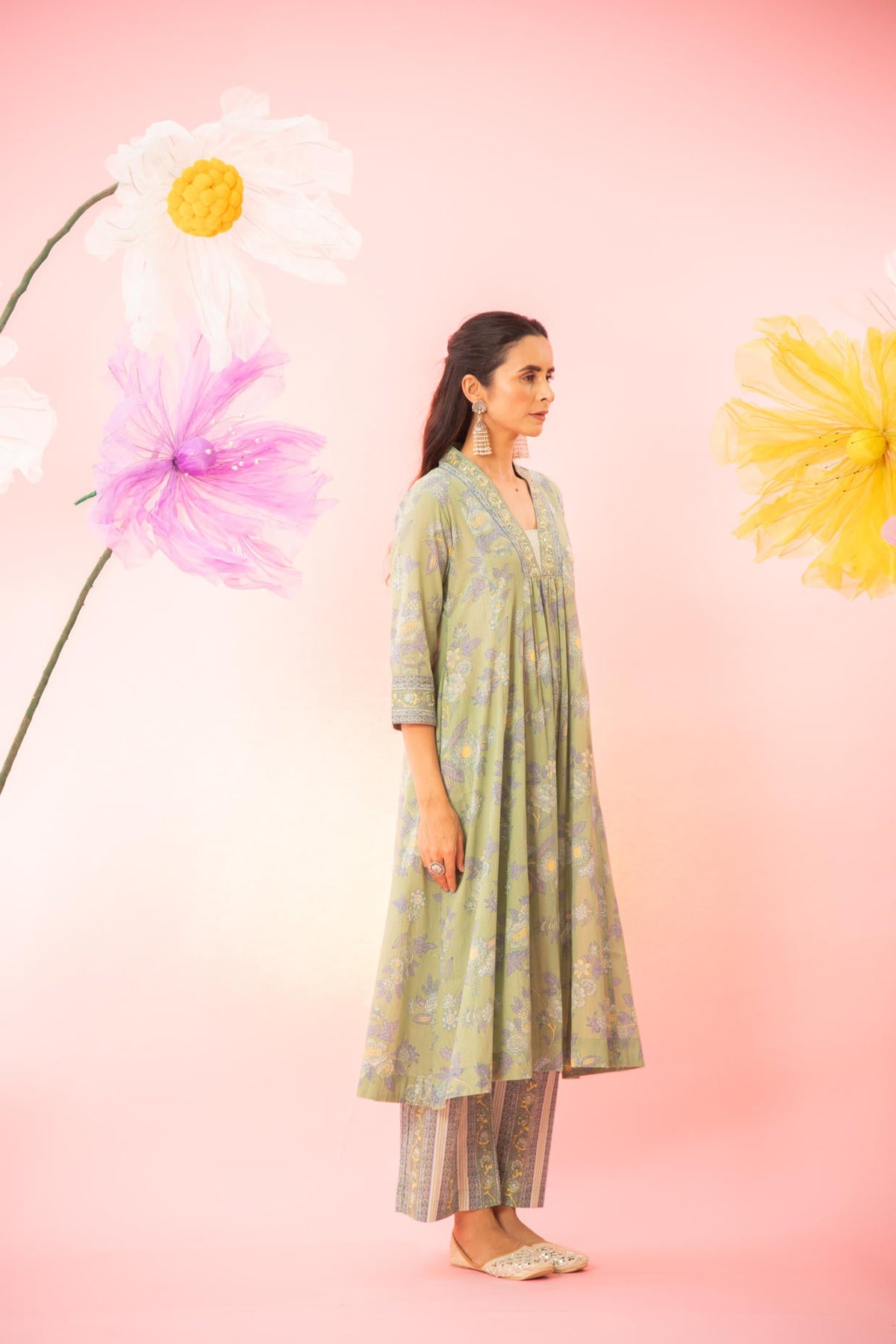 Green Floral Printed A-line Gathered Kurta Pant Set