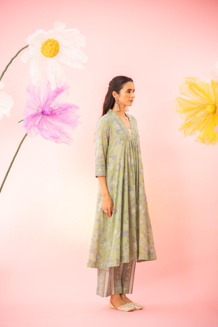 Green Floral Printed A-line Gathered Kurta Pant Set