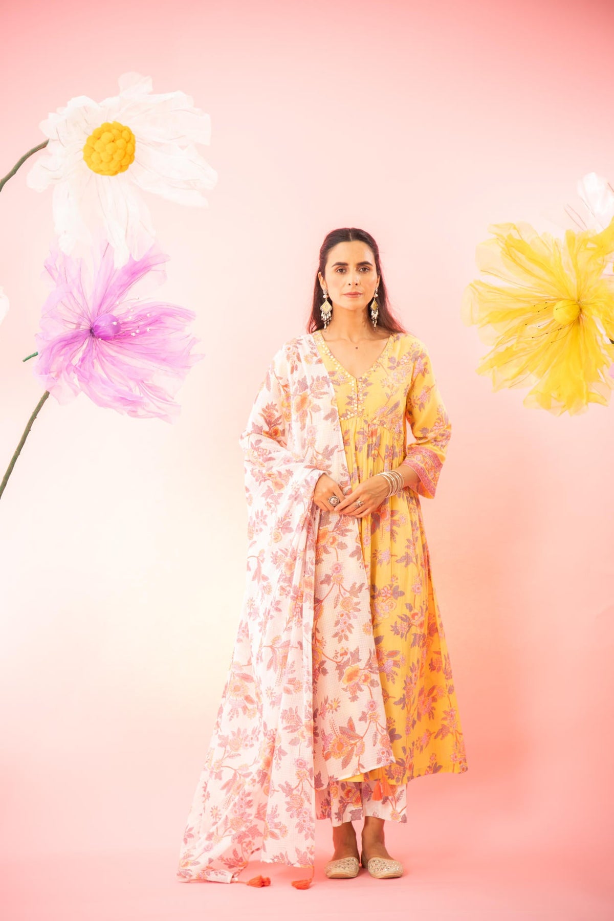 Yellow Floral Printed A-line Gathered Kurta Palazzo Dupatta Set