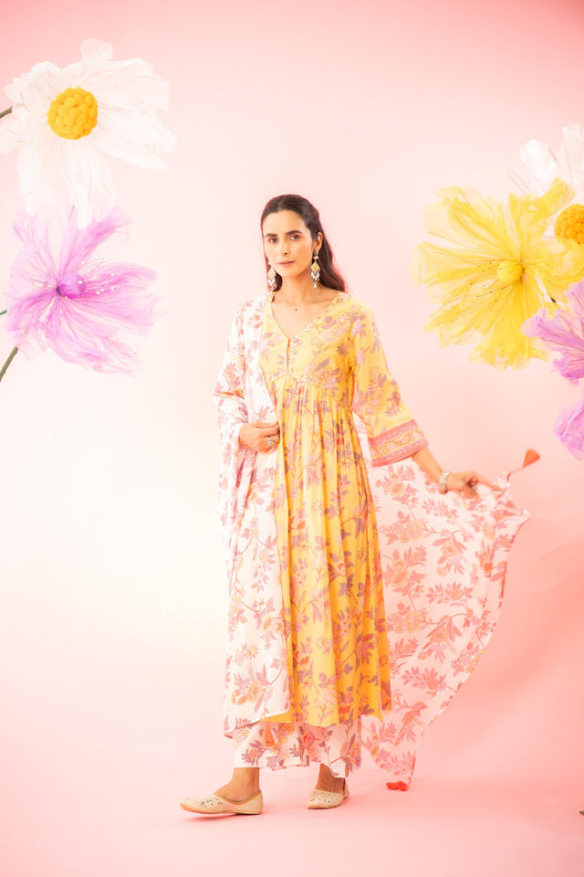 Yellow Floral Printed A-line Gathered Kurta Palazzo Dupatta Set