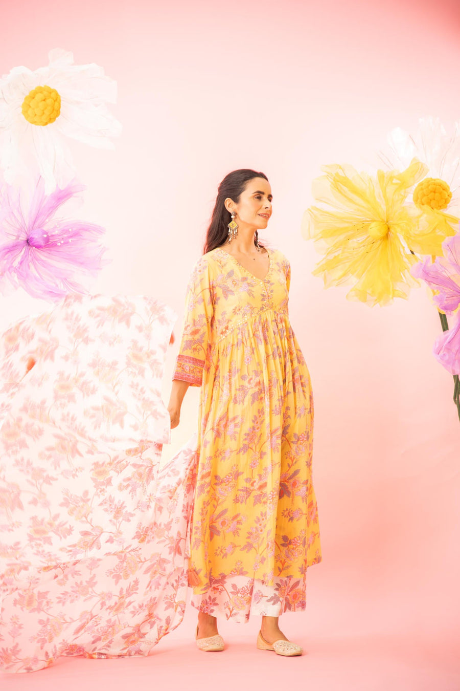 Yellow Floral Printed A-line Gathered Kurta Palazzo Dupatta Set