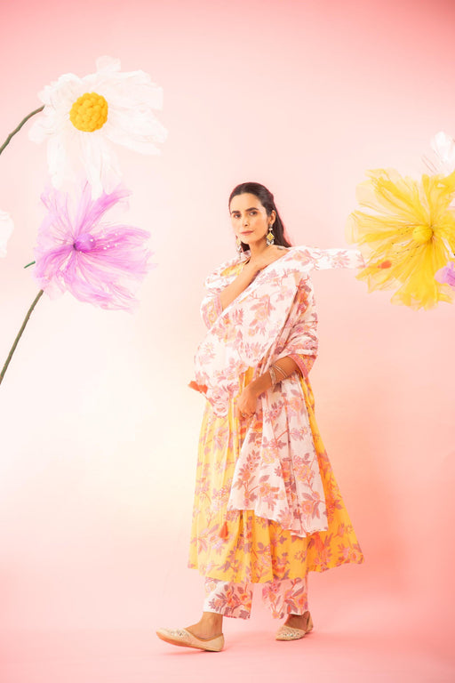 Yellow Floral Printed A-line Gathered Kurta Palazzo Dupatta Set