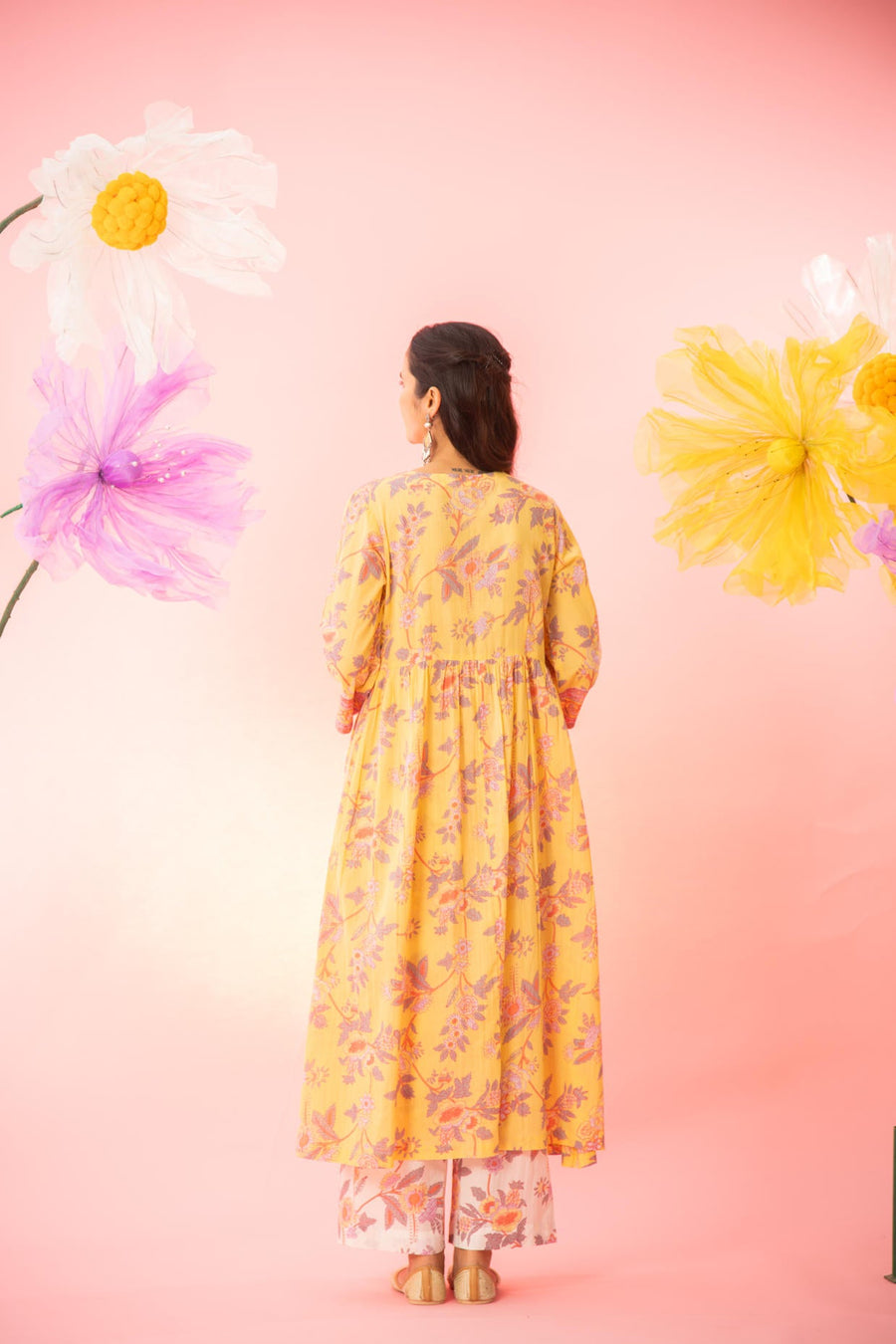 Yellow Floral Printed A-line Gathered Kurta Palazzo Dupatta Set