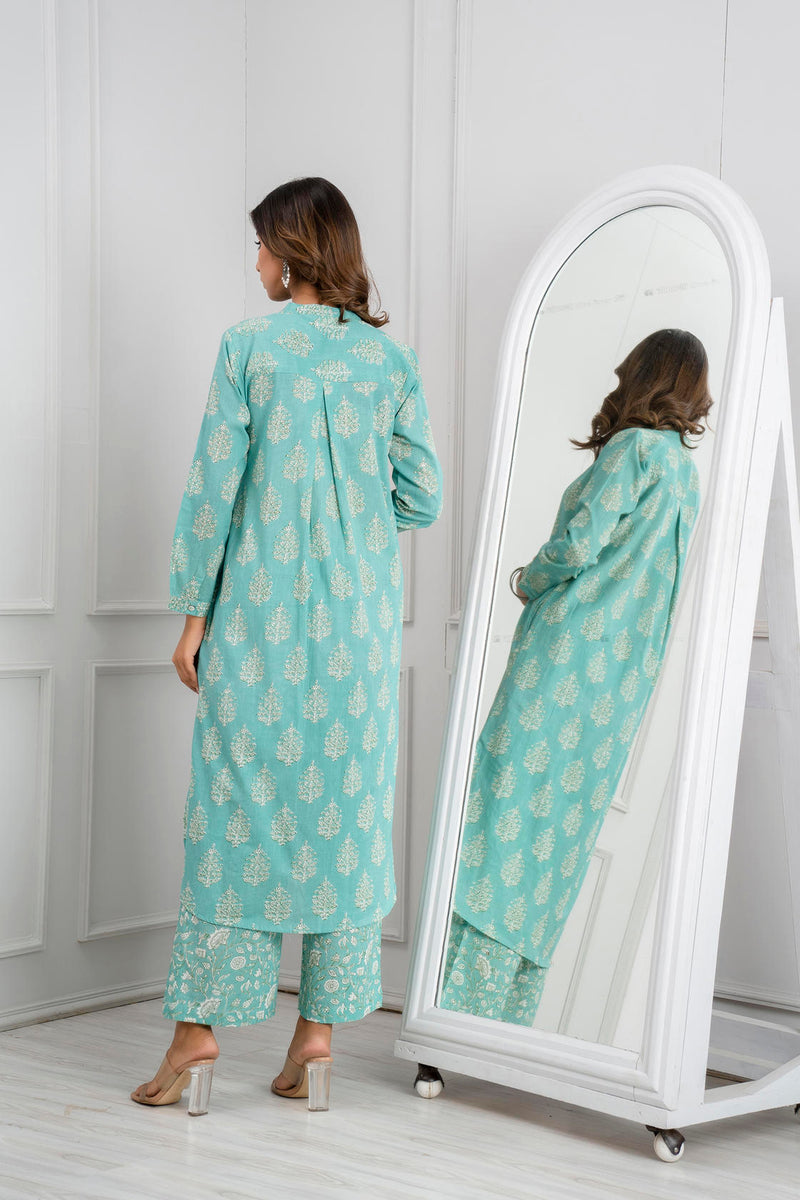 Green Cotton Printed Loose Fit Up-Down Co-Ords Set