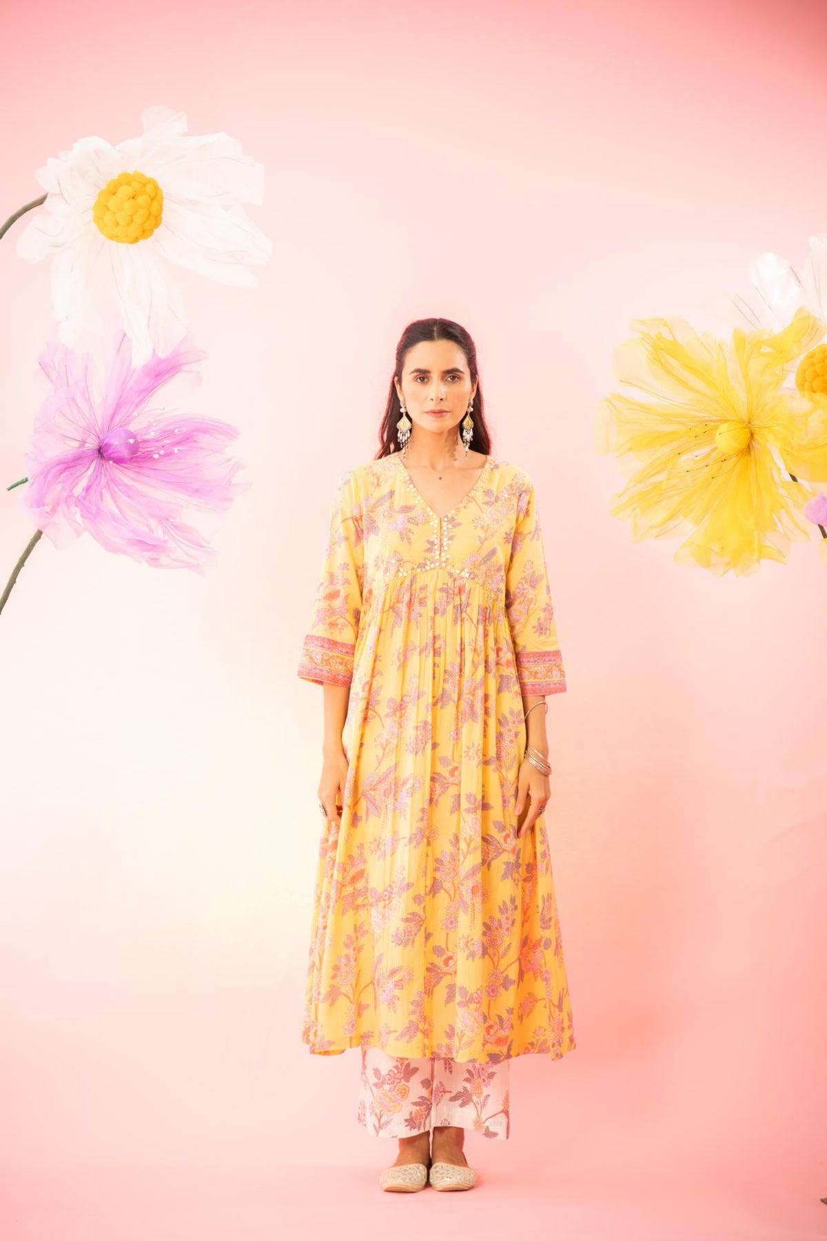 Yellow Floral Printed A-line Gathered Kurta Palazzo Dupatta Set