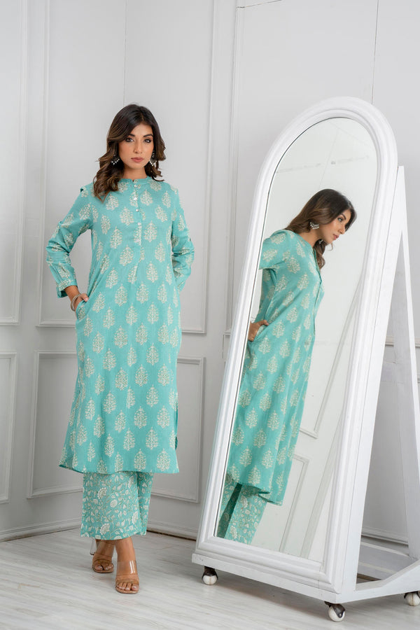Green Cotton Printed Loose Fit Up-Down Co-Ords Set