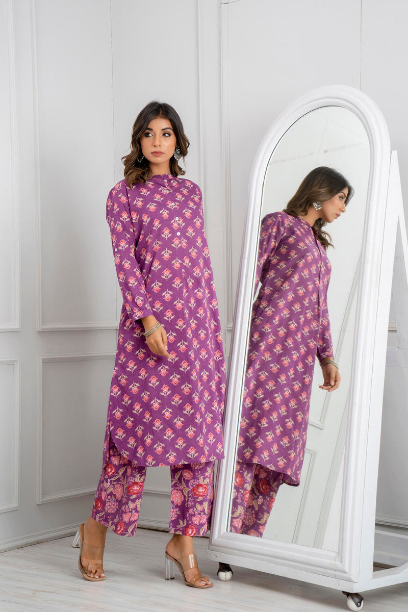 Purple Cotton Printed Loose Fit Up-Down Co-Ords Set