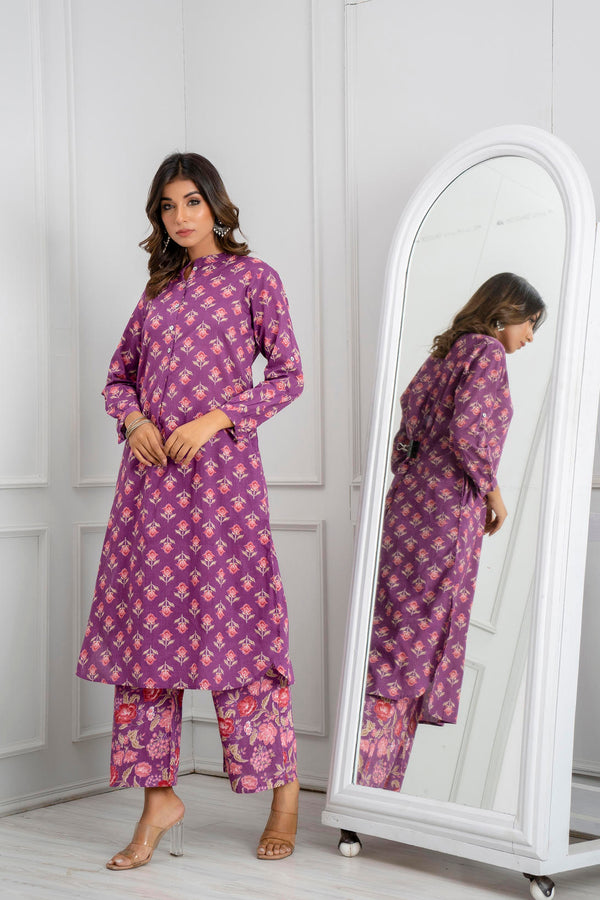 Purple Cotton Printed Loose Fit Up-Down Co-Ords Set