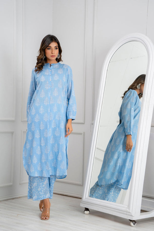 Blue Cotton Printed Loose Fit Up-Down Co-Ords Set
