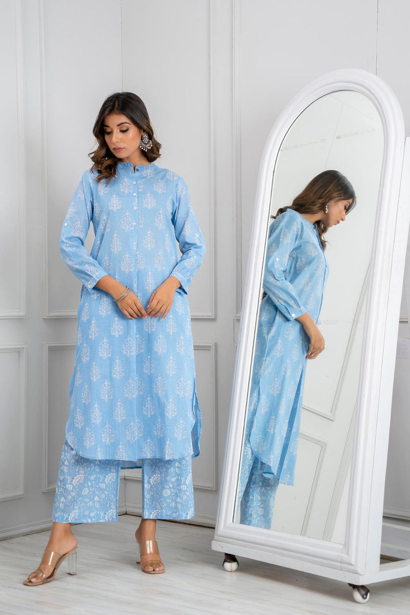 Blue Cotton Printed Loose Fit Up-Down Co-Ords Set