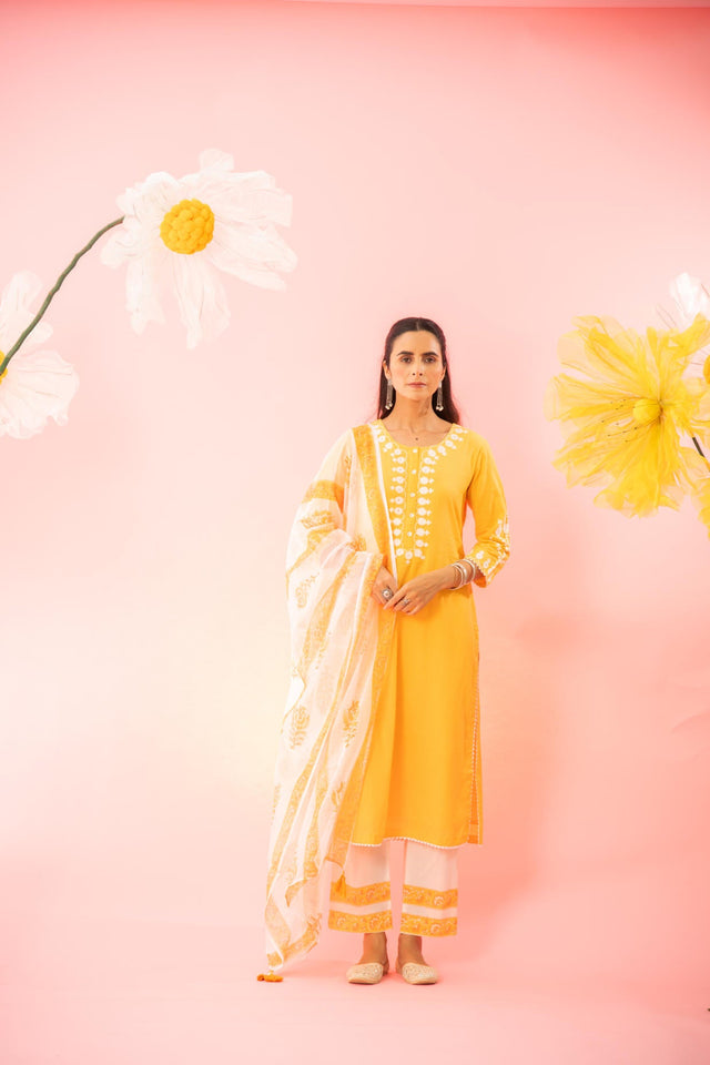 Yellow Woven Dyed Cotton Dobby Kurta Pant Dupatta Set
