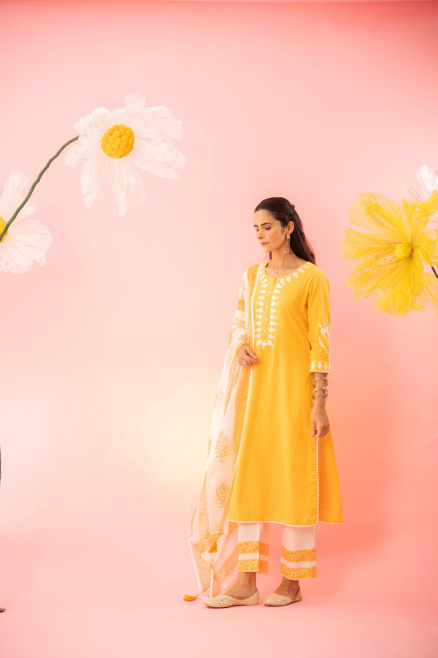 Yellow Woven Dyed Cotton Dobby Kurta Pant Dupatta Set
