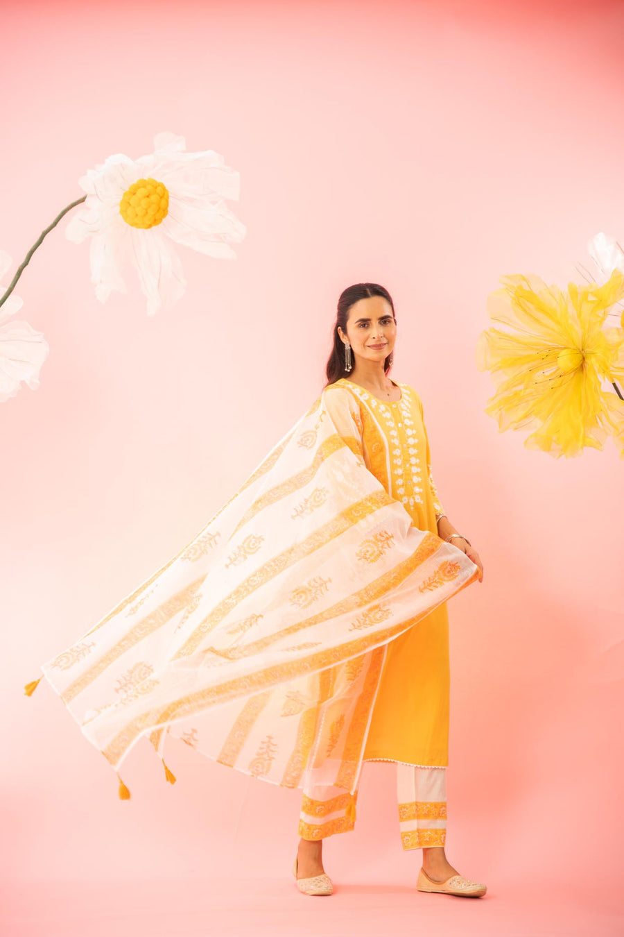Yellow Woven Dyed Cotton Dobby Kurta Pant Dupatta Set